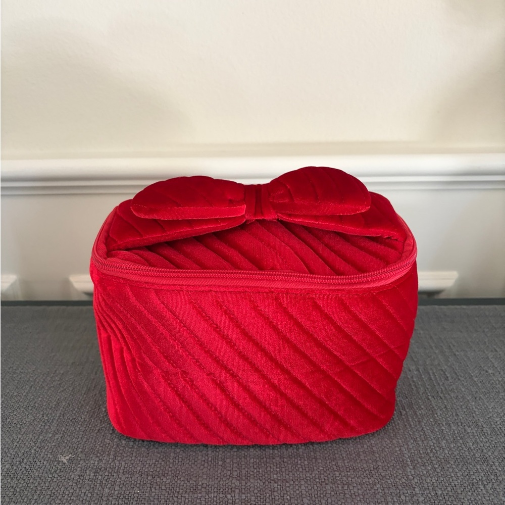 Anthropologie Red Quilted Cosmetic Bag Toiletry Cosmetic Top handle Zipper Large